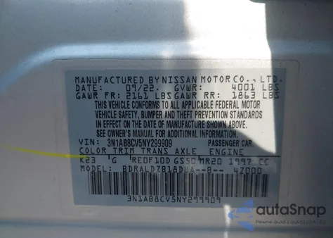 2022 Nissan Sentra Sv Xtronic Cvt from USA, damaged, VIN 3N1AB8CV5NY299909